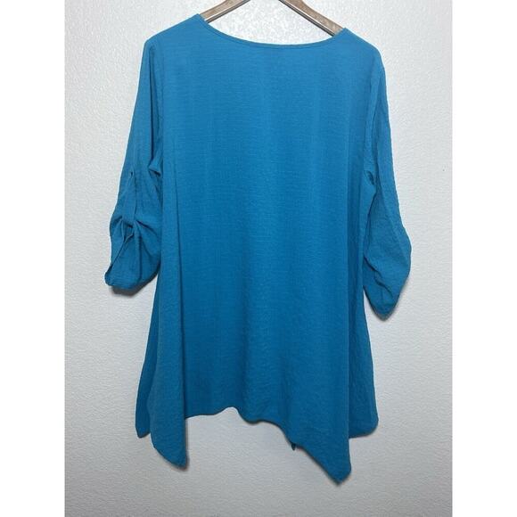 Ali Miles Lagenlook Artsy Blue Asymmetrical Hem Crinkle Tunic Top Sz Large - Picture 7 of 9